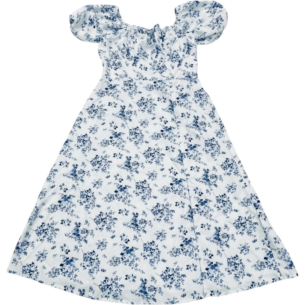 Girls Blue White Floral Midi Dress 11-12Y Puff Sleeve Cottagecore Prairie Summer